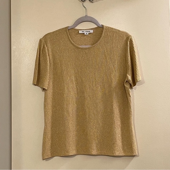 ST. JOHN Metallic Shimmer Short Sleeve Knitted Blouse in Gold - Picture 1 of 4